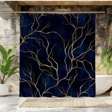 1pc 2D Planar Shower Curtain Modern Elegant Waterproof Shower Curtain Golden Tree Branch Pattern Navy Blue Abstract Bathroom Decor Durable Polyester Material Easy To Clean Machine Washable Hooks Included Stylish Home Accessory - Multicolor - View 4