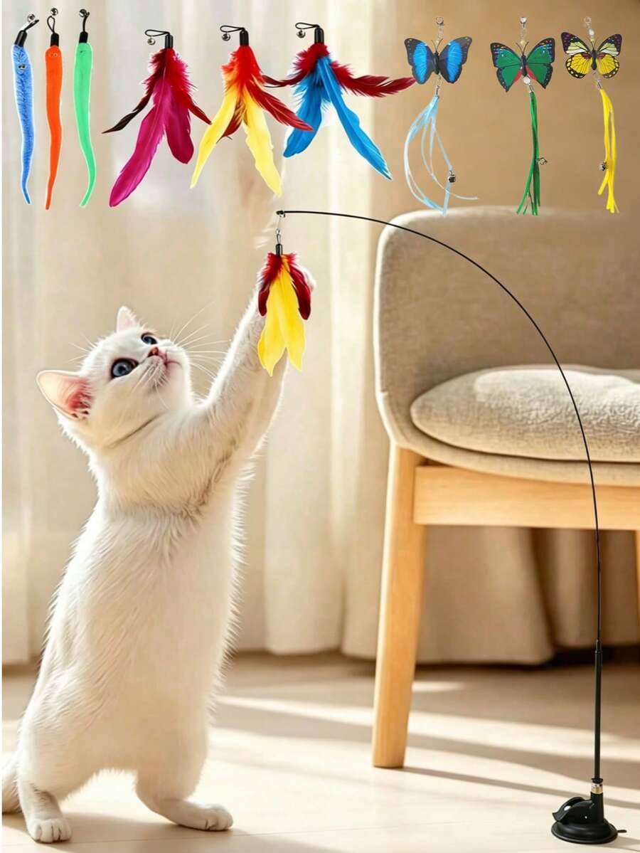 1 pieza Varilla de juego colorida para gatos - Con ventosa en la base, accesorios intercambiables de plumas/insectos, juguete para gatos de interior diseñado para estimular los instintos naturales, aliviar el aburrimiento y prevenir el masticado, durable - Multicolor - Ver 1