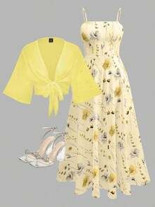 2pcs Women's Elegant Floral Chiffon Dress And Jacket Set, Romantic Outfit For Date And Vacation Spring - 多色 10 - 查看 9