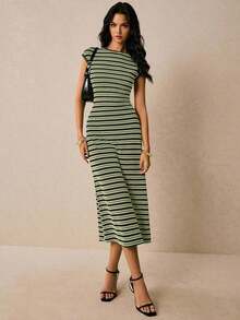 Vestido ajustado de mujer con rayas de moda, de verano - Verde - Ver 9