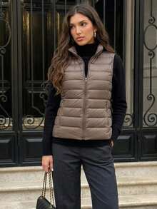 ZIAI Dam Lätt Kort Dunväst Med Stand Collar, Flera Färger, Casual Outdoor Höst/Vinter - Kaki - Visa 3