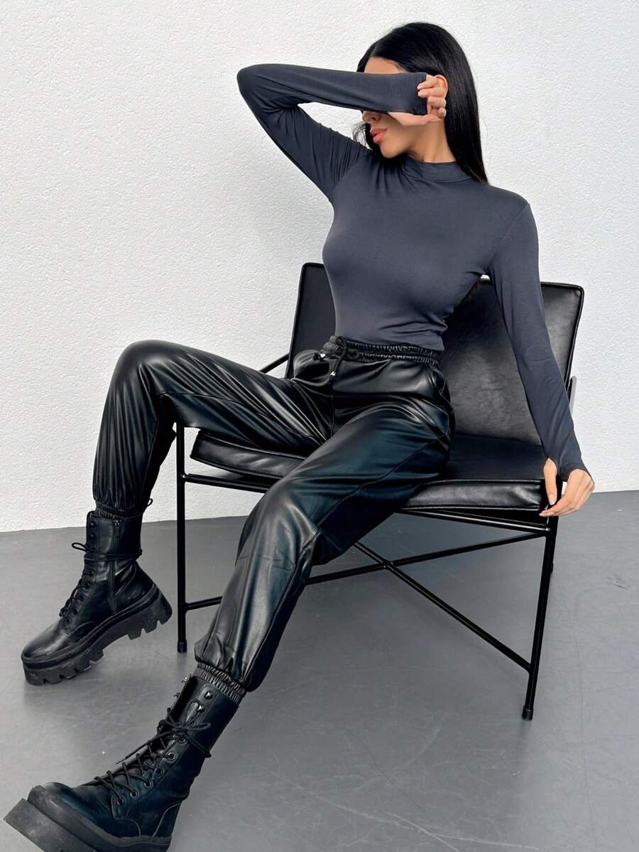 Women's Long Sleeve Bodysuit Mock Neck Slim Fit Basic Stretch Top Finger Detail Blouse - Dark Grey - View 1