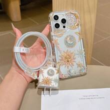 6-In-1 Beige Cosmic Planet Phone Case Set - Includes Phone Case, Charger Head Cover, Cable Protector, Storage Cord, Data Cable Winding Rope, TPU Shockproof Protective Case, Suitable For IPhone 6-16 Pro Max, Great Gift For Couples, Daughters, Girlfriends, Teenagers - Multicolor - View 5