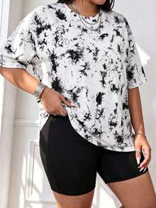 Speed mate Loose Round Neck Random Ink Print Plus Size Women T-Shirt, Lightweight Comfortable Casual Sports Top For Spring/Summer - White - View 4