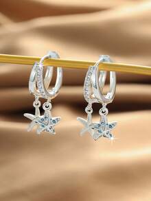 1 Pair Cute Ocean Creature Starfish & Shell Pendant Thick Silver Plated Hypoallergenic Double Arc Hoop Earrings With Cubic Zirconia, Summer Vacation Beach Style - Multicolor - View 3