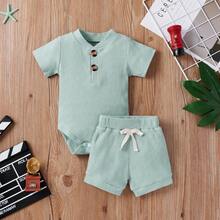 2pcs Newborn Baby Boy Summer Outfit, Soft Comfortable Short Sleeve Ribbed Romper And Shorts Set, Suitable For 0-12 Months, Small Collar - Baby Blue - View 1