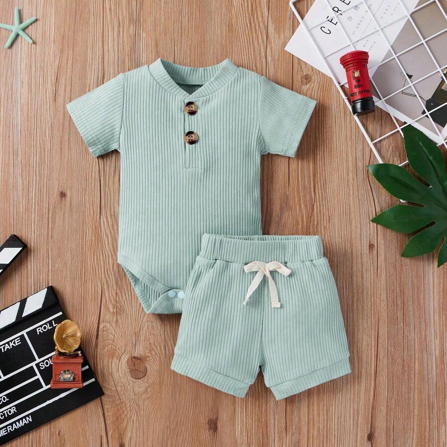 2pcs Newborn Baby Boy Summer Outfit, Soft Comfortable Short Sleeve Ribbed Romper And Shorts Set, Suitable For 0-12 Months, Small Collar - Baby Blue - View 1