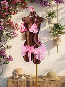 3pcs Women's Swimwear Set With 3D Floral Cups, Butterfly Orchid Cups Paired With Solid Color Lining And Ruffle Hem Cover-Up With Front Tie Beach Vacation Outfits For Women - Hồng - Xem 5