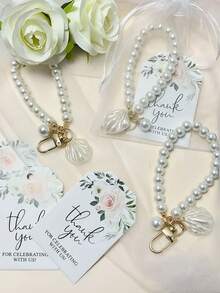 15pcs Wedding Pearl Beaded Wristlet Keychain Gift Set, Includes Pearl Keychains, Thank You Tags And White Organza Bags, Suitable For Bridal Shower, Bachelorette Party, Wedding Party Favors, Great Choice For Wedding Party Gifts And Ceremonies - one-size - View 3
