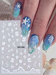 2pcs 3D Laser Ocean Starfish Shell Nail Stickers, White Glass Wave Seahorse Coral Self-Adhesive Nail Art Decals For Summer Beach Party - White - View 5