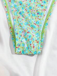 wohenmeili Bộ bikini gợi cảm buộc dây cổ họa tiết hoa nhí mùa hè dành cho nữ - Nền xanh nhạt với hoa xanh - Xem 8