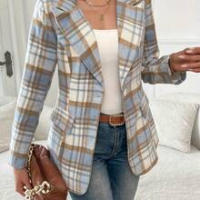 Women'S Stylish Plaid Blazer -, Long Sleeve, Button-Up, Casual Business Jacket With Belt Loops, Polyester Fabric, Fall & Spring Apparel, Casual Business Jacket|Plaid Pattern Blazer|Polyester Jacket - 亮鋼藍 - 查看 5