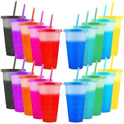 15/20 Vasos Mágicos que Cambian de Color con Frío 710 ml con Tapa y Popote, Vasos Reutilizables de Plástico PP, Colores Surtidos, Ideales para Fiestas, Bebidas Frías, Eventos, Hogar y Uso Diario