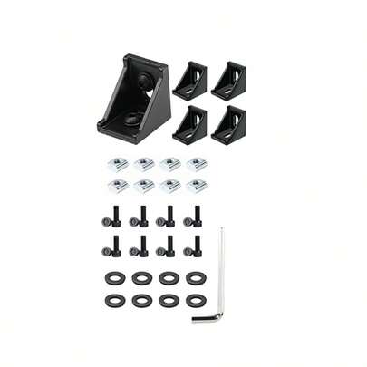 4 Set Black 2020 Series Aluminum Extrusion Profile Connector, Includes 1pc Wrench, 4pcs 2028 Corner Bracket, 8pcs T-Slot Sliding Nuts And M5 Hex Screw Bolt For 20S Aluminum Rail Accessories