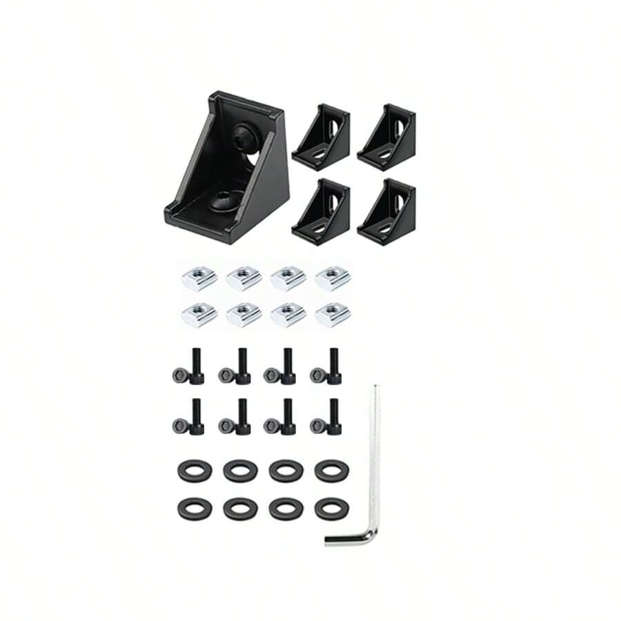 4 Sets Black 2020 Series Aluminum Extrusion Connector Kit, Including 1 Wrench, 4 2028 Corner Brackets, 8 T-Slot Nuts And M5 Hex Bolts, Compatible With 20 Series Aluminum Profile Accessories - A - View 1