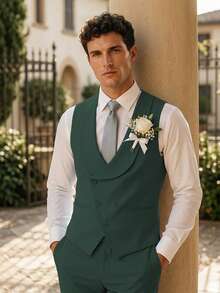 Men's Suits 3 Pieces Colorblock Slim Fit Double Breasted Formal Tuxedo Blazer Vest Pants For Wedding Party - 墨綠色 - 查看 2