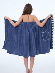 1pc Plus Size 65-100kg Women's Coral Fleece Soft Absorbent Casual Bathrobe - Navy Blue - View 3