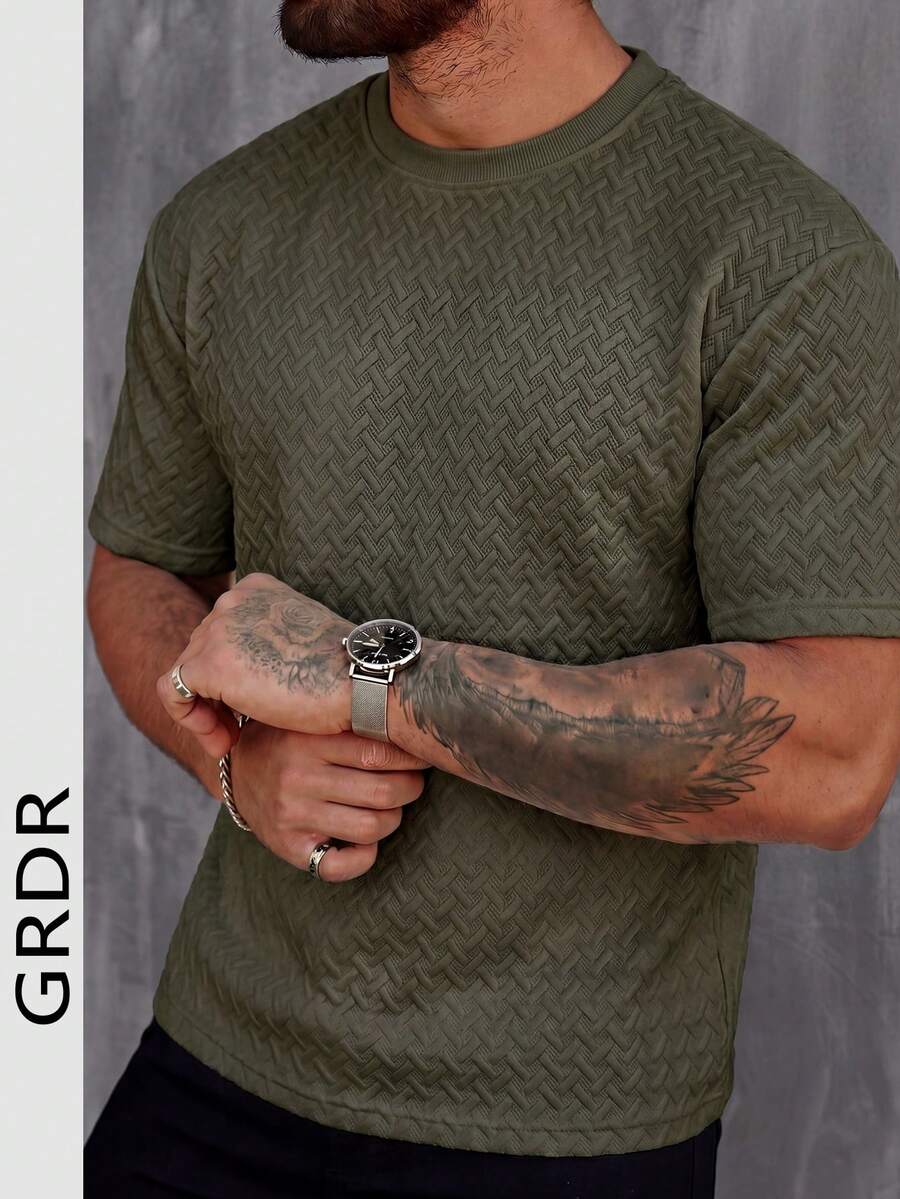 GRDR 男士时尚休闲纯色纹理短袖T恤,适合春夏穿着 - 軍綠色 - 查看 1