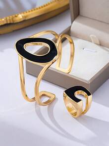 1 pieza Juego de anillo en forma de C esmaltado y pulsera geométrica, de material de aleación, adecuado para uso diario, vacaciones y regalo de fiesta - Blanco - Ver 6