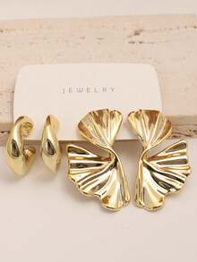 2-16pcs Women's Lava Metal Textured Flowing Minimalist Elegant Earring Set, Suitable For Students, Commuters, Music Festivals, Parties, Beach Vacations - Gold - View 4