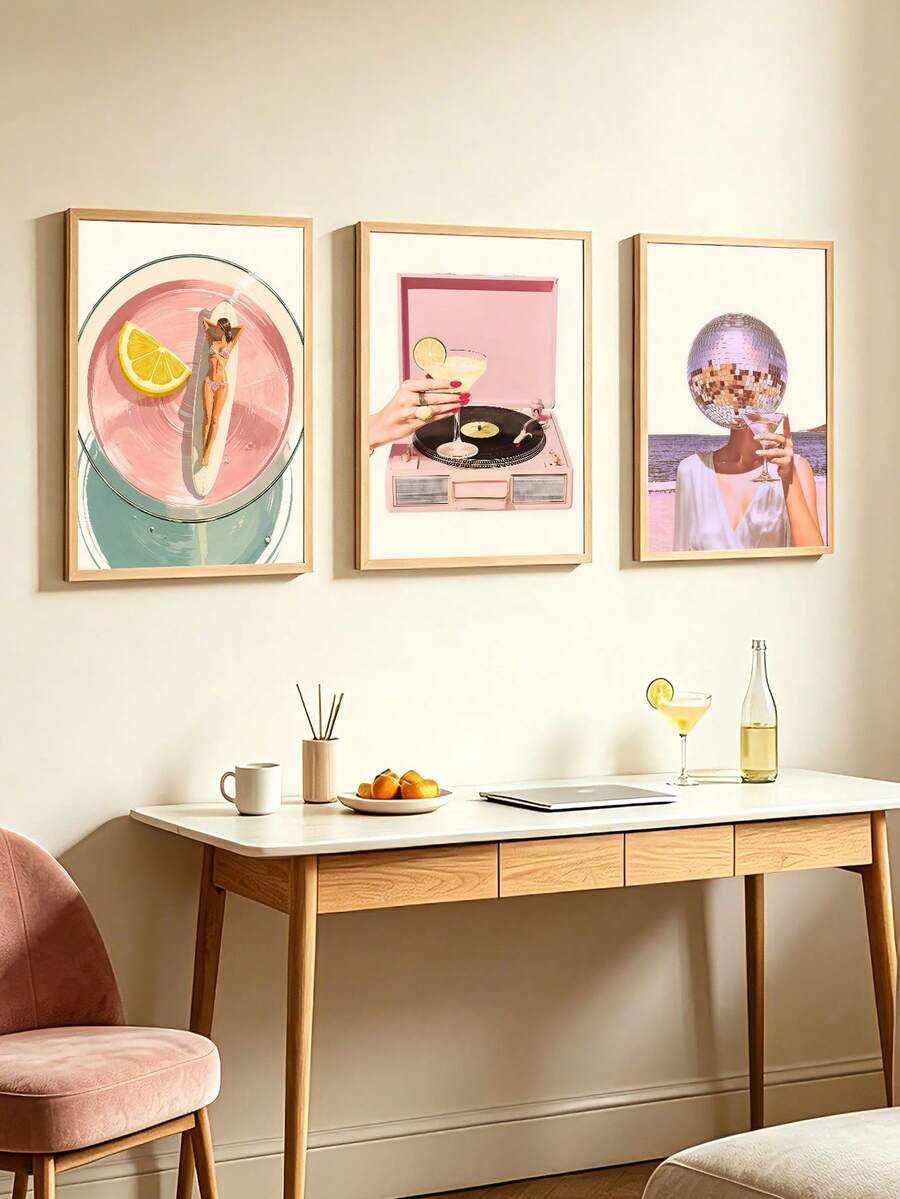 3 piezas Pósteres de arte de bola de discoteca Pintura de cóctel Pintura colgante para mujer Artes de pared de Impresiones de pared estéticas Imágenes de pared Mural de verano Decoración de pared de la sala de estar Sin marco - Dibujos animados - Ver 1