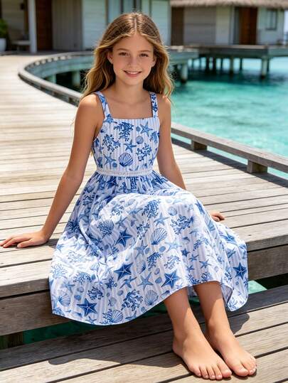 Girls' Sweet Summer Vacation Style Spaghetti Strap Dress, Featuring Marine Life & Floral Print With Lace Trim, Comfortable Soft Fabric Waist Tie Dress, Suitable For Daily Wear, Outings And Beach Vacation