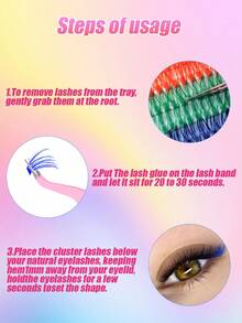 MEM 640pcs Cluster False Eyelashes, 8-16mm Length, Available In 30D/40D/50D/60D/80D/100D 6 Colors, Also Includes Cat Eye Colored Styles. Natural, Thick And Full, With 1 Colored Lash Included, Suitable For Beginners - 彩色 - 查看 8