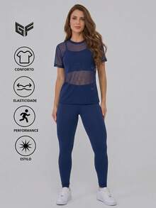 Women's 3-Piece Gym Set | Padded Top + Leggings + Tulle Blouse – Comfort & Elegance, Stylish And Transparency-Free Women's Gym Outfit - 藏蓝色 - 查看 4