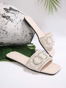 Rhinestone Embellished Slip-On Sandals, Lightweight Flat Mules, Glitter Slides, Comfortable Beach Slippers For Women, Plus Size - Beige - View 7