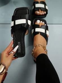 New Fashion Square Toe Flat Sandals For Women - Black and White - View 1