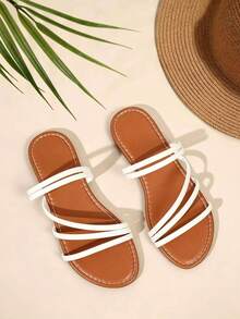 Women's White Flat Sandals, Round Toe Minimalist Multi-Strap Casual Flat Sandals, Beach Vacation Style Lightweight Comfortable Sandals For Daily Wear - White - View 2