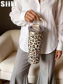 1pc 900ml-30oz Sweet Leopard Print Stainless Steel Double Wall Insulated Tumbler, Flat Bottom Cup, Coffee Mug, Car Cup, Cup, Water Bottle, Outdoor Water Cup, Tea Cup, Vacuum Bottle, With Straw Lid Design, Suitable For Outdoor, Office, Home, School, Car, Gym, Travel, Birthday Gift, Holiday Gift, Anniversary, Mother's Day, Father's Day, Back To School, Valentine's Day - Multicolor - View 7