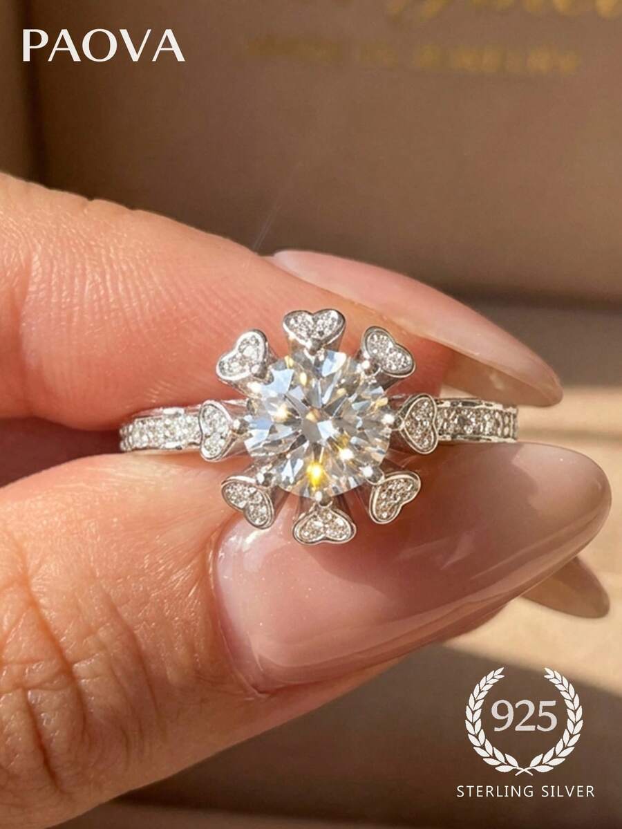 1枚优雅四叶草锆石戒指，925纯银女士珠宝，生日戒指，精美珠宝礼物，适合女孩生日、舞会、派对等场合。 - 銀色 - 查看 1