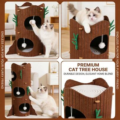 Multi-Level Cat Tree, Log-Shaped, With Hanging Balls, A Comfortable Hiding Place Suitable For All Seasons, Ideal For Interaction Between Kittens And Adult Cats, A Perfect Choice For Pet Supplies