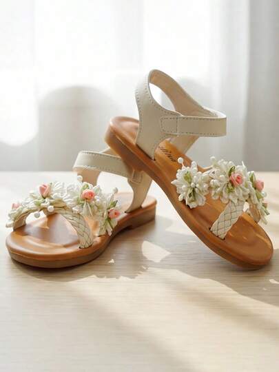 Kids Shoes Adjustable Hook And Loop Girls Warm Brown Open Toe Flats Sandals With Woven Straps 3D Flower For 3~12 Years Old Perfect For School Beach Fresh Pastoral Style