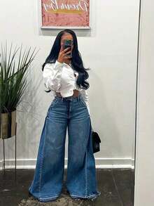 Womens Loose Wide Leg Flare Jeans Side Wide Design High Waist Comfort Denim Pants Casual Fashion Vintage Style Plus Size Stretchy Soft Material Classic Blue Black Washed Distressed Lightweight Breathable Skinny Bootcut Retro Chic Streetwear Everyday Wear Staple Wardrobe Essential Must Have Popular Best Seller Top Rated (Non-Stretch ) - Màu xanh lam - Xem 3
