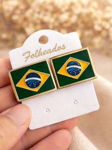 Gold-Plated Brazil Flag Earrings For The World Cup. - 金色 - 查看 3