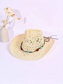 1顶男女通用纯色镂空编织草帽，时尚复古卷边巴拿马帽，百搭美式西部牛仔爵士帽，适合春夏户外休闲旅行，防晒 - A - 查看 5