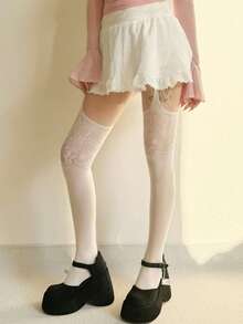 白色时尚性感火辣蕾丝图案Y2K哥特亚文化镂空渔网连裤袜，适合日常约会、度假、派对等场合。 - 白色 - 查看 4