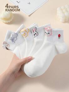 4 đôi tất nữ họa tiết hoạt hình, thấm hút mồ hôi, thoáng khí và thoải mái, tất cổ ngắn màu trắng dễ thương, phù hợp cho mặc hàng ngày, mọi mùa, màu ngẫu nhiên. - Nhiều màu - Xem 9