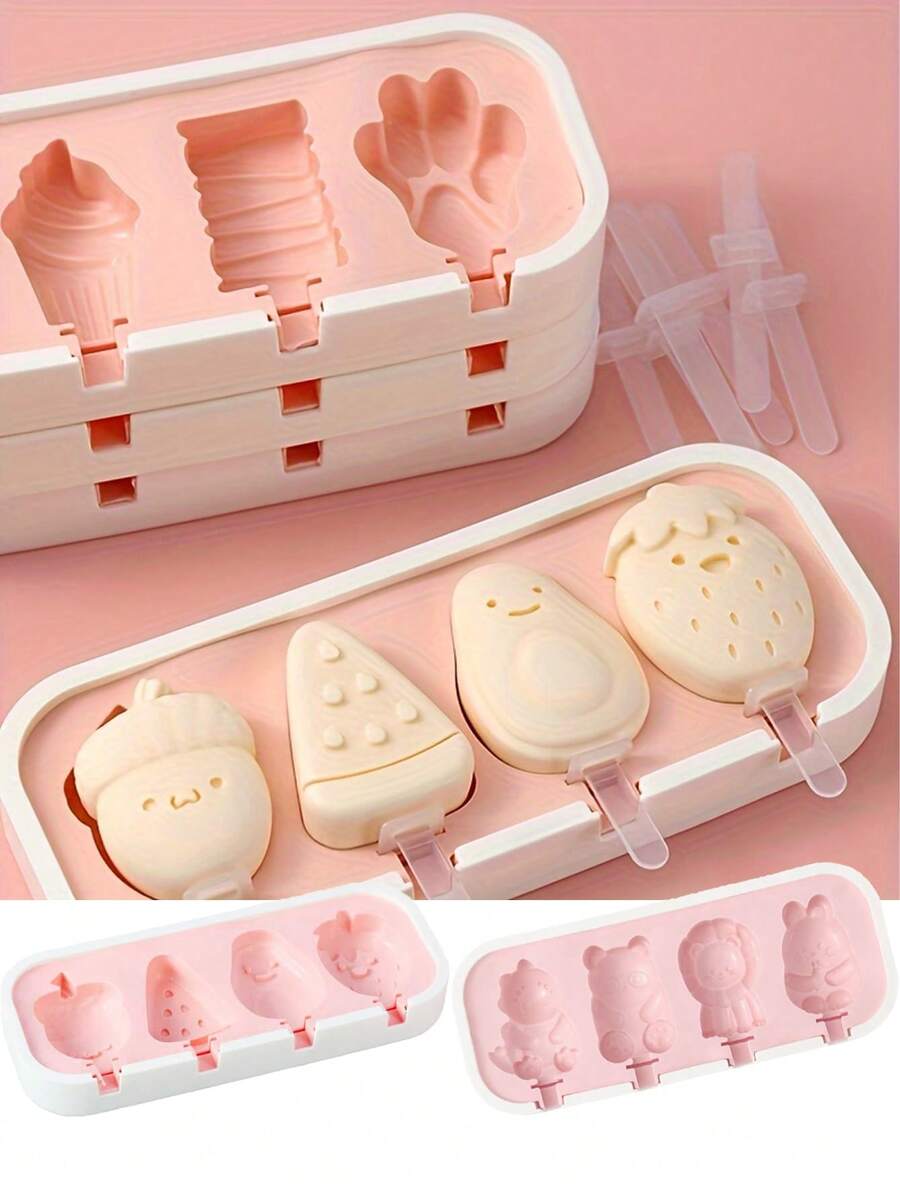 1 khuôn silicon làm bánh pudding/kem - Hình hoạt hình (động vật, trái cây) Khuôn làm kem tại nhà, nhẹ và dễ sử dụng, vật dụng cần thiết cho mùa hè