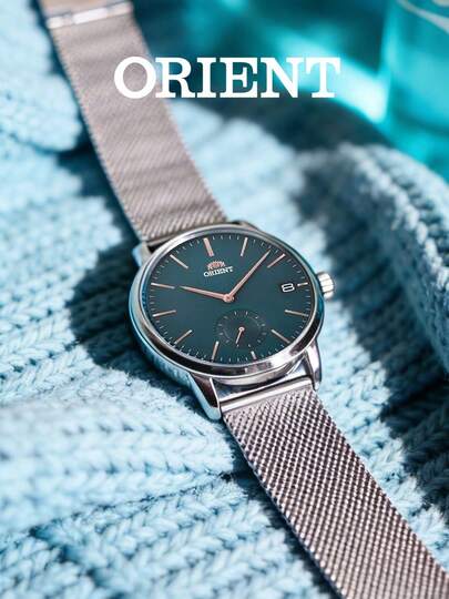 Orient Men's Vintage Green Dial Quartz Watch Men Silver Mesh Strap Rose Gold Hands Small Seconds Sub-Dial Date Display Analog Wristwatch, Fashion Unisex Style, Great Gift for Boyfriend Concert Date Travel