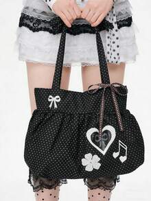 Large Capacity Polka Dot Retro Versatile Shoulder Bag, Fashionable And Simple Pleated Musical Note Bow Tote Bag, Niche Design Casual Love Armpit Bag, Suitable For Shopping, Commuting, Work, Daily Outings - Multicolor - View 3