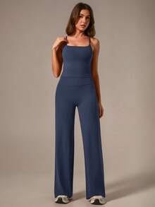 TimeOff Women's One Set Solid Color Spaghetti Strap Removable Padded Camisole And Straight Leg Relaxed Fit Pants Sports Suit - Blue - View 10