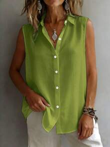 Fashionable Sleeveless Lapel Shirt For Women, Versatile Loose Casual Commute Camisole Tank Top, Solid Color Button Front, Daily Wear Summer - Green - View 3