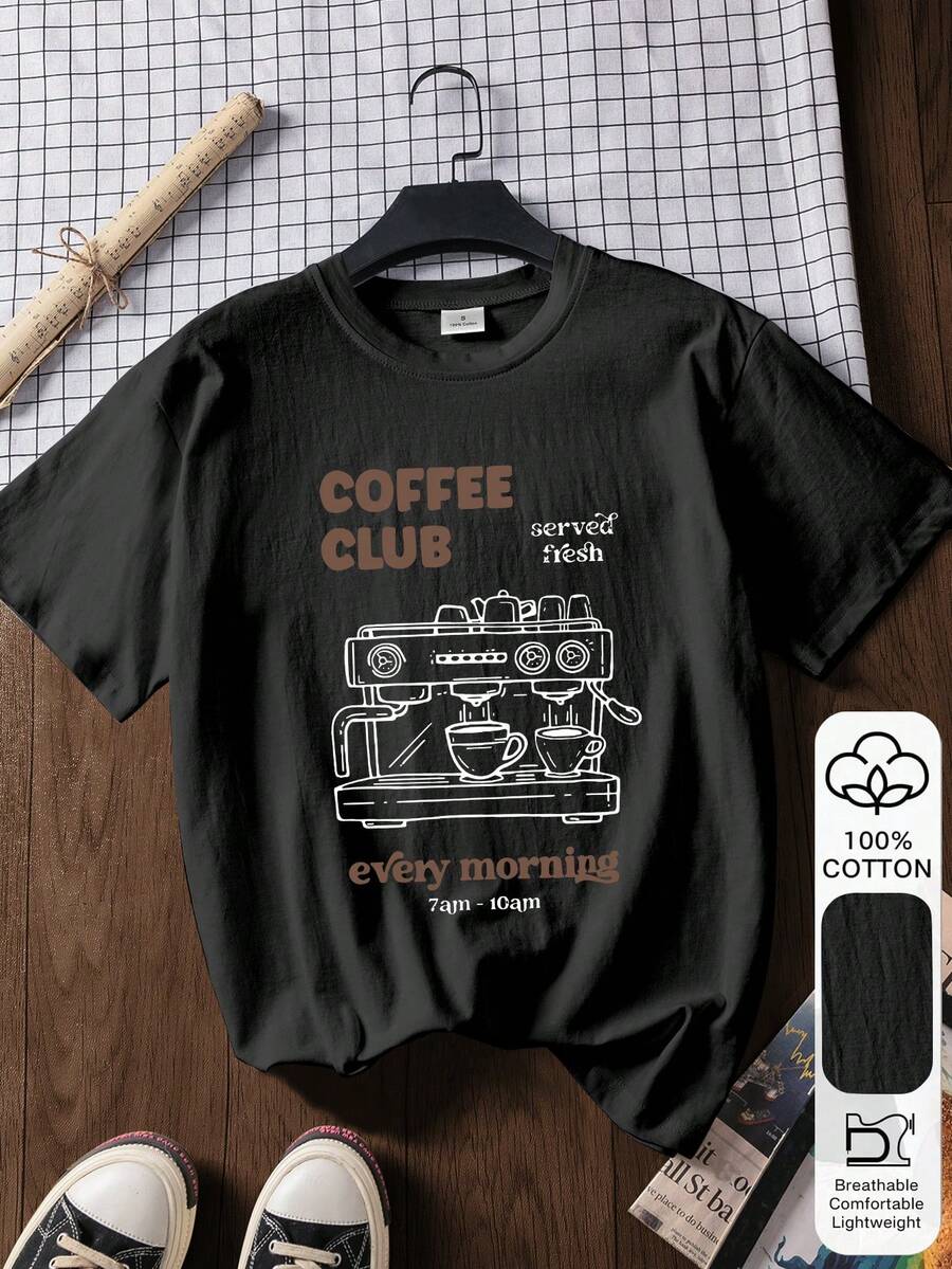 Coffee Club 印花休閒時尚 100% 純棉短袖上衣女款,Coffee Club 印花夏季、六月、女款黑色上衣、女款海灘、度假、夏季上衣 - 黑色 - 查看 1