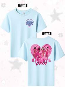 Girls KATSEYE K Pop Group Heart Photo Double Sided Print T Shirts Girls Kids Short Sleeve Casual Cute Wear Party Play Machine Washable Gift - 淺藍色 - 查看 2