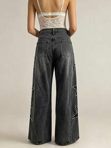 Women's Jeans With Pockets Stylish Mid Rise Casual Star Patch Wide Leg Denim Pants - Dark Grey - View 4