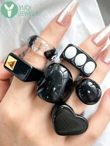 6pcs Subtle Cool Black Resin Rings, Casual Versatile Punk Style Accessories - Multicolor - View 1