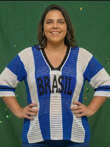 Women's Plus Size Knit Blouse, Brazil Polyester Cutout T-Shirt, World Cup Knit, Summer - 藍色 - 查看 1